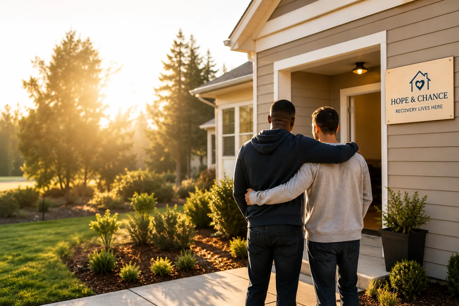 Two individuals arriving at a Hope & Chance supportive recovery home at sunset
